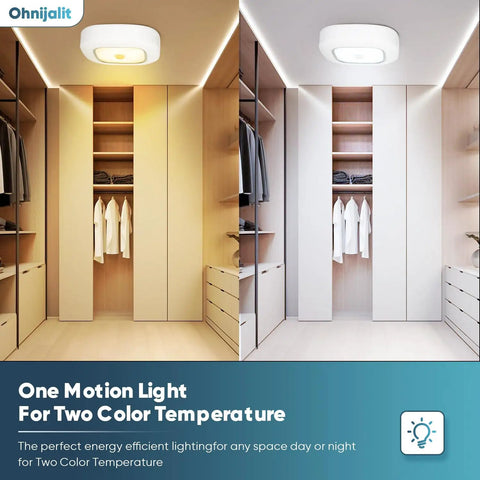 Side-by-side closet lighting with Motion Sensor Ceiling Lights Battery Powered Easy Install Indoor Motion Activated LED Ceiling Lights For Closet Hallway Pantry Laundry Stairs Garage Bathroom Shower Porch Shed Wall 300LM White