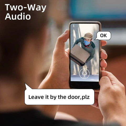 Smartphone displaying live feed from 3MP Solar Power Outdoor Security Camera With Color Night Vision, Two Way Audio feature in use.