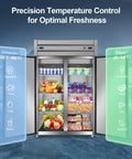 Heavy Duty Commercial Refrigerator And Freezer Combo Sleek Stainless Steel Design with adjustable shelves showing fresh food inside.