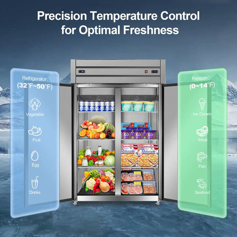 Heavy Duty Commercial Refrigerator And Freezer Combo Sleek Stainless Steel Design with adjustable shelves showing fresh food inside.
