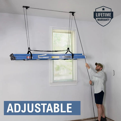 Man using Heavy Duty Ladder Ceiling Storage Hoist With Adjustable Straps Overhead Pulley Rack For Garage And Home Hi Lift Organizer Pro