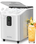 Countertop Ice Maker Delivers Bullet Ice In Minutes 26 Lbs Per Day Two Ice Sizes Portable Stainless Steel Machine With Basket And Scoop Auto Self Cleaning Grab And Go Ready For Home Kitchen Or Office next to a glass of iced beverage