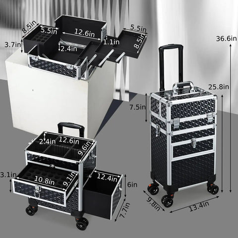 Rolling Makeup Case With Drawers For Tattoos And Nail Techs On The Go Tattoo Travel Cart showing open drawers and tray.