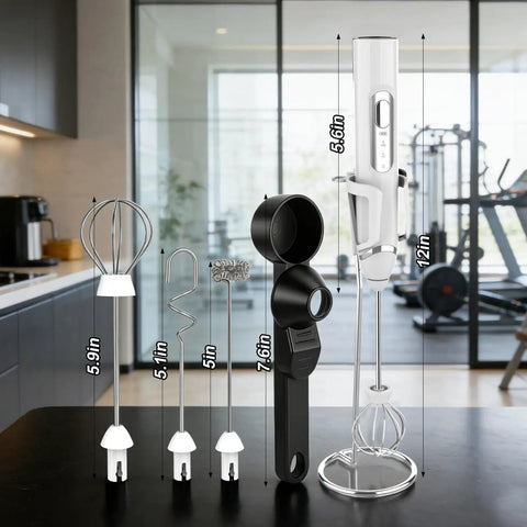 4 In 1 Protein Powder Mixer Wand With Scoop Funnel Set Waterproof Detachable Rechargeable displayed with attachments