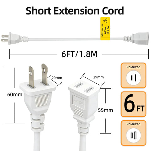 Six Foot Short Slim Indoor Extension Cord With 2 Prong Polarized Plug 125V 5A 625W Flat White No Frills Cord diagram