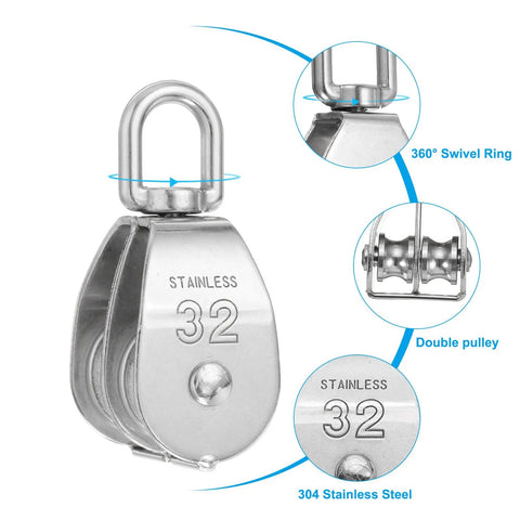 M30 Pulley Block Two Pack With One Single And One Double Pulley 304 Stainless Steel Heavy Duty Beefy Lift System For Wire Rope 551 Lbs Load Capacity Indoor Outdoor Use Swivel Hook Compatible, 304 stainless double pulley with 360° swivel ring