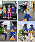 Two Piece Kids Luggage Set With 12 Inch Backpack And 18 Inch Rolling Suitcase In Blue Astronaut Design used by children.
