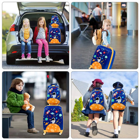 Two Piece Kids Luggage Set With 12 Inch Backpack And 18 Inch Rolling Suitcase In Blue Astronaut Design used by children.
