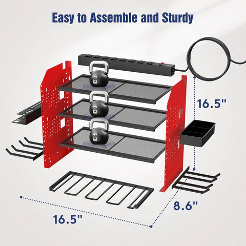 Heavy Duty Power Tool Organizer Wall Mount With Charging Station And Four Layer Garage Storage Shelves Keeps Four Drills Two Hooks Screwdriver Box And Screw Organizer Ready To Rock For Fathers Day Or Anniversary with dimensions