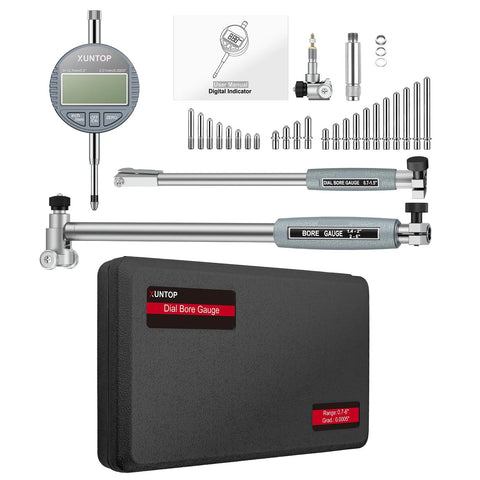 XUNTOP dial bore gauge set with digital indicator, 23 anvils, two measuring rods, metal tools in black case