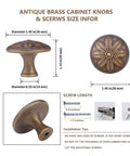 Antique Brass Cabinet Knobs Set Of 4 1.4 Inch Round Vintage Dresser Drawer Handles For Cabinets And Furniture Rustic Flower Shaped Design Durable Zinc Alloy Finish showing dimensions and installation tips with flower design.