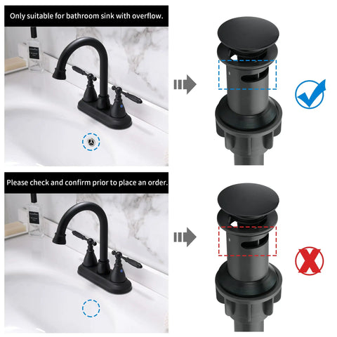 Matte Black 4 Inch Center Set Bathroom Faucet With 2 Handles, 360 Degree Swivel Spout showcasing overflow drain suitability