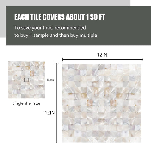 Peel And Stick Backsplash With Natural Mother Of Pearl Mosaic Shell Tiles, 12x12 inch sheet, tile and shell size details.