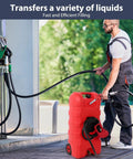 Person using 60L Portable Fuel Caddy On Wheels With 10 Ft Delivery Hose And Siphon Pump Heavy Duty Poly Gas Can For Gasoline And Diesel