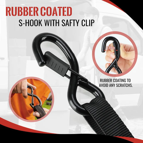 Rubber coated S-hook with safety clip for securing cargo, part of Heavy Duty Self Retracting Ratchet Tie Downs One Inch By Ten Foot 4 Pack 1650 Lb.