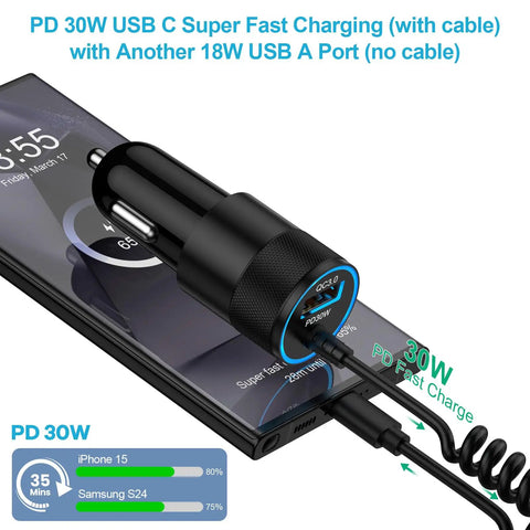 Car Charger Adapter With PD 30W USB C And 18W USB A Dual Fast Charge 2.8Ft Coiled Cable For charging phone in car
