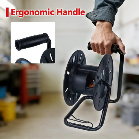 Heavy Duty Retractable Extension Cord Reel Open Cord Roller For 12/3 14/3 And 16/3 Gauge with ergonomic handle in workshop