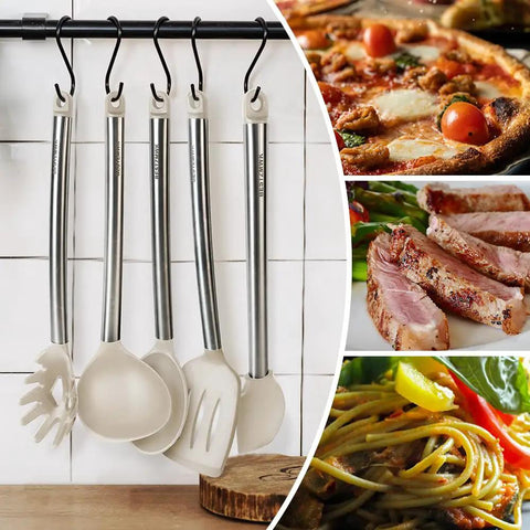 33 Piece Silicone Kitchen Utensil Set For Nonstick Pans With Stainless Steel Tools hanging on kitchen wall