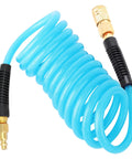 Reinforced Polyurethane Recoil Air Hose Ten Feet With Bend Restrictor And Quarter Inch Quick Coupler And Plug, Compact and Lightweight