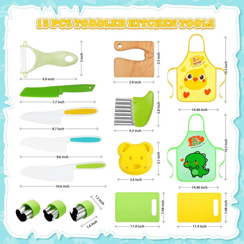 HAIMST 15-piece Montessori toddler kitchen tools set by Amazon; wooden knife, plastic tools, aprons, cutting boards