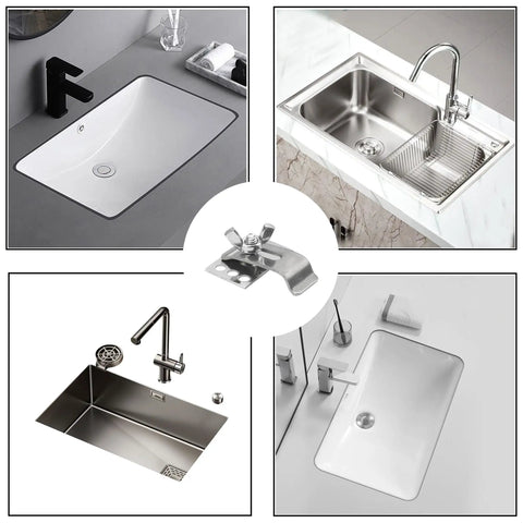 Heavy Duty 10 Piece 304 Stainless Steel Sink Clips Kit For Undermount Installation In Kitchen And Bathroom displayed with sinks