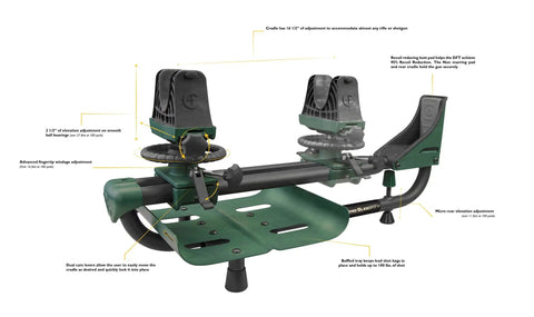 Lead Sled DFT 2 Rifle Shooting Rest With Adjustable Ambidextrous Frame featuring cradle and adjustment details.