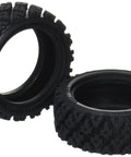 Rally Block Tire Upgrade For 1 To 10 RC Cars Two Pack Replacement Tires And Tuning Part Beefed Up Durable Black Or Gray Fits Most 1 To 10 Scale RC Rigs Keeps Grip On Dirt And Asphalt 2 Pieces shown in black with treads visible