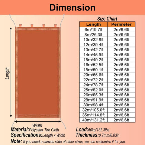 Heavy Duty Canvas Unloading Chute With Tarpaulin Slide For No Fuss Easy Cargo Loading And Unloading 2m To 10m Length size chart