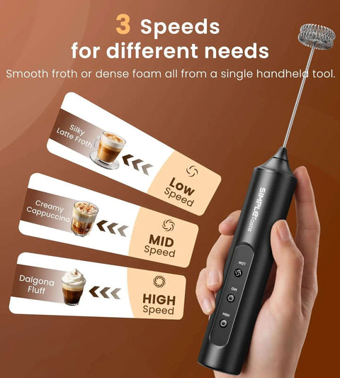 Rechargeable Handheld Milk Frother Electric Stainless Steel Whisk With Three Adjustable Speeds For Silky Coffee Foam And No Sweat Mixing Straight Up Kitchen Essential Gear displayed with speed settings.