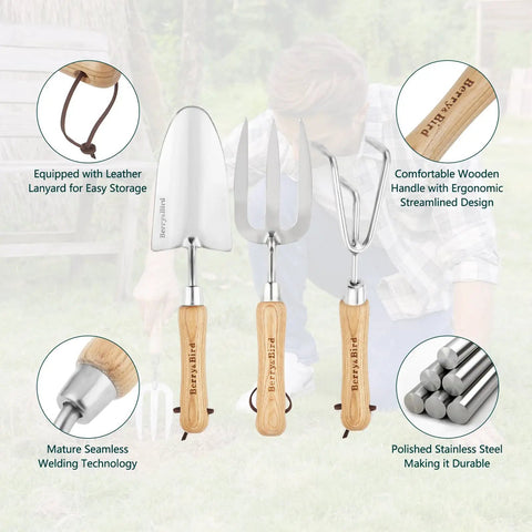 3 Piece Garden Tool Set With Stainless Steel Hand Trowel Hand Cultivator And Hand Fork With Wood Handles shown with features