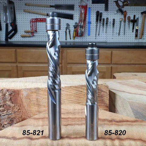 Solid Carbide Compression Flush Trim Router Bit Set Runs Smooth As Silk Keeps Clean Cut Lines For Awesome Cabinet Upgrades Two Piece Workshop Kit on wooden surface.
