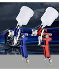 Mini Air Paint Sprayer With Slick 0.8 And 1.0mm Tips for smooth finishes, featuring blue and red sprayers with clear reservoirs.