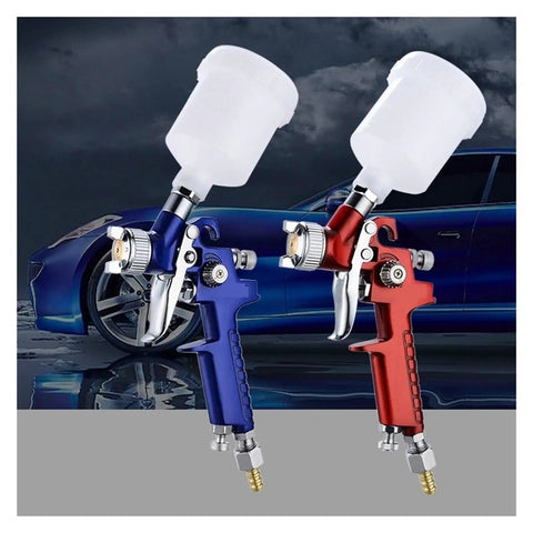 Mini Air Paint Sprayer With Slick 0.8 And 1.0mm Tips for smooth finishes, featuring blue and red sprayers with clear reservoirs.