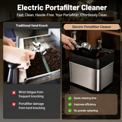 Top Shelf Electric Portafilter Cleaner With Automatic Dual Brush Fits 51mm And 58mm Filters, showing compact design in use.