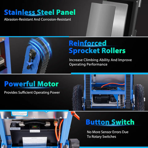 Motorized Electric Stair Climbing Dolly With Heavy Duty 900 Lbs Capacity And 1250w Motor for tough moving jobs showing stainless steel panel and powerful motor.