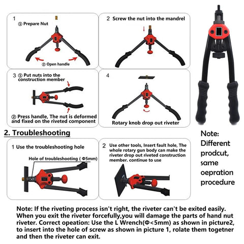 Diagram for Hand Nut Riveter Kit With Quick Change Head, 330mm Reach, Rivnut Tool For Thread Setting and troubleshooting guide.