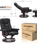Manual Recliner With Ottoman For RV And Small Spaces 360 Degree Swivel Black Faux Leather with size dimensions and packaging