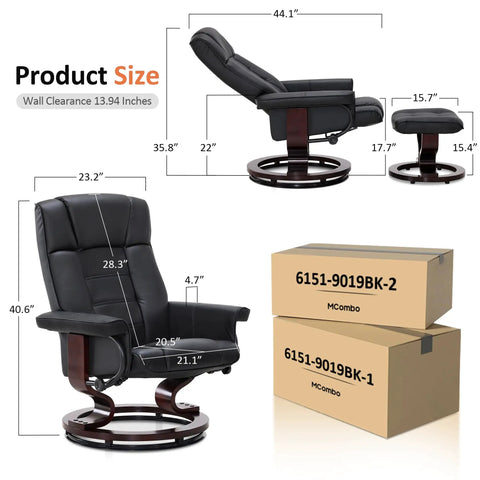 Manual Recliner With Ottoman For RV And Small Spaces 360 Degree Swivel Black Faux Leather with size dimensions and packaging