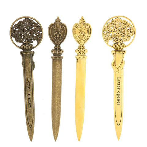 Sleek Zinc Alloy Letter Opener With Retro Pattern, Ergonomic Handle showing intricate tree design and floral motifs.