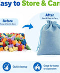 Awesome Rainbow Counting Bears Set Of 100 Bright Plastic Sorting Toys For Toddlers in messy pile and canvas pouch for easy storage.