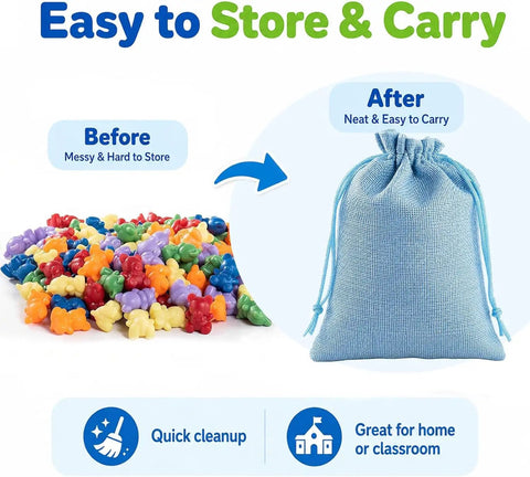 Awesome Rainbow Counting Bears Set Of 100 Bright Plastic Sorting Toys For Toddlers in messy pile and canvas pouch for easy storage.