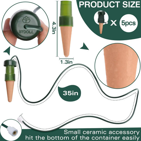 Self Watering Stakes For Indoor Outdoor Plants, Terracotta Drippers dimensions and close-up details, 5 pack.