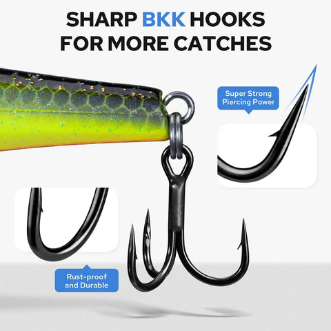 Close-up of sharp BKK hooks for suspending jerkbait lures with sound flash and beastly action for bass walleye pike catfish
