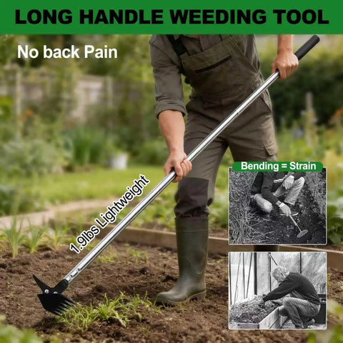 Person using 61 Inch Adjustable Weed Puller With Detachable Head, 2-In-1 Weed Rake And Crack Weeder in garden, showing ease of use.