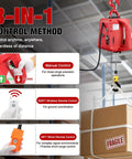 Nilight 3-In-1 Electric Hoist Winch showing remote control methods for lifting packages safely in warehouse or garage.