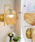 Rechargeable Battery Wall Sconces With Clear Glass Shades, Customizable Rgb Lighting Paired With Seamless Dimmable Levels And Adjustable Color Temperatures, 12.6 inch gold lamp with rippled glass shade.