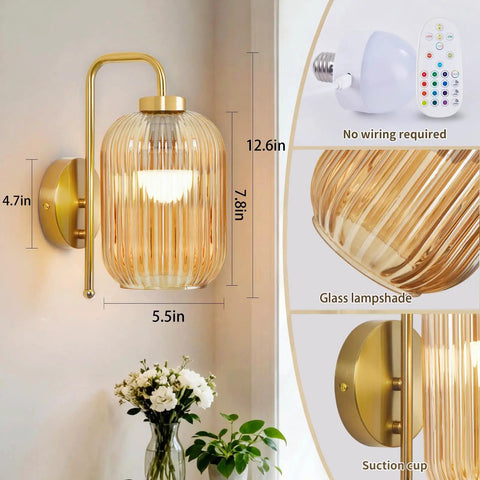 Rechargeable Battery Wall Sconces With Clear Glass Shades, Customizable Rgb Lighting Paired With Seamless Dimmable Levels And Adjustable Color Temperatures, 12.6 inch gold lamp with rippled glass shade.