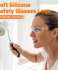 Woman painting wall wearing Clear Safety Glasses Bulk Pack 24 Pairs Go-To Eye Protection For Lab Construction ANSI Z87.1 Impact.