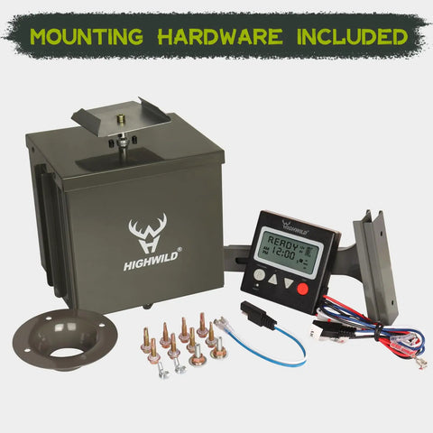 Highwild 6 Volt Digital Deer Feeder Control Unit With Motor And Spinner Plate Powder Coated Steel Housing Universal Fit Most Barrels Includes Timer Drop Funnel And Protective Cover For Reliable Wild Turkey Food Plot Management
