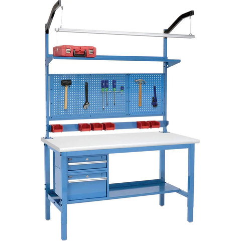 Heavy Duty Production Workbench With 72 Inch Wide By 30 Inch Deep One And A Quarter Inch Thick ESD Laminate Safety Edge 5000 Pound Capacity Blue Assembly Required with mounted tools and tool storage.